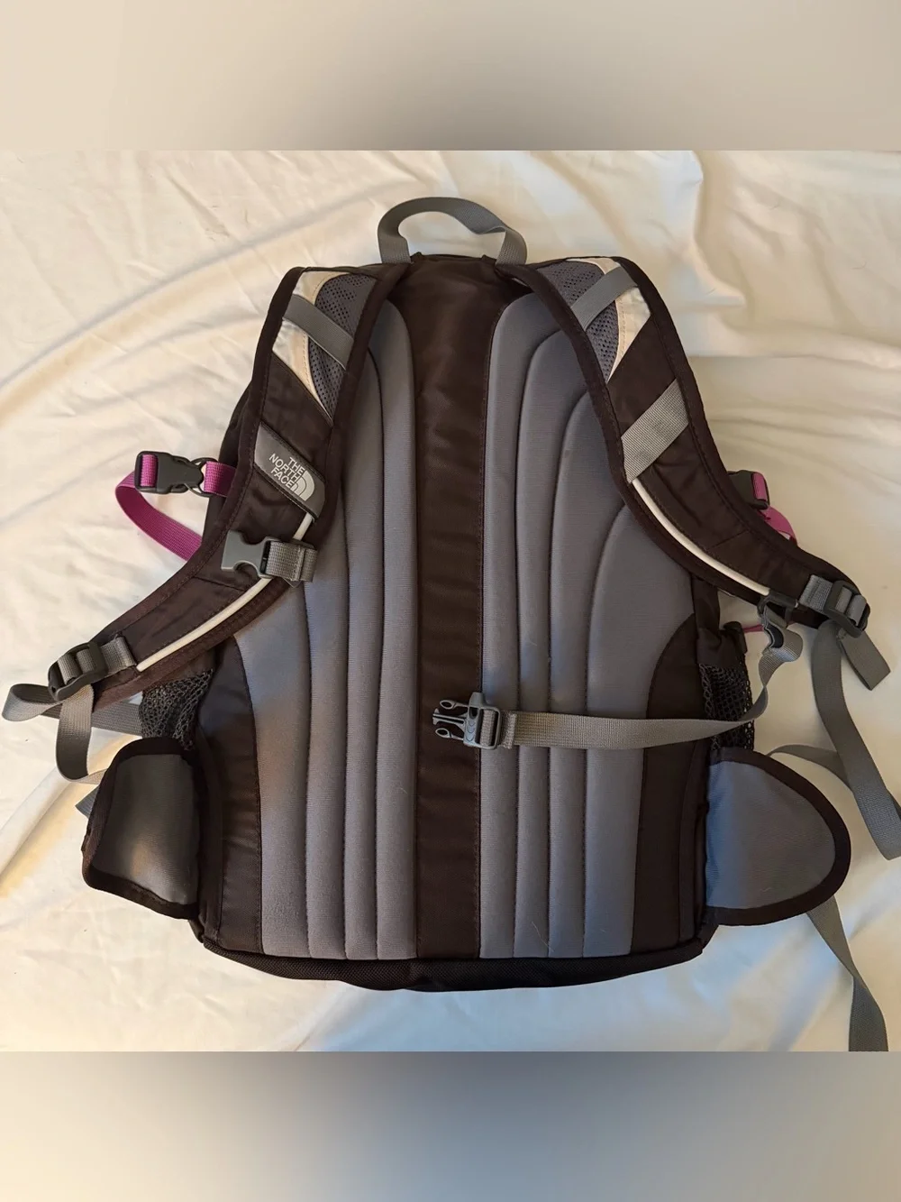 The North Face Borealis Backpack in Light Gray & Black/Brown with Pink Accents